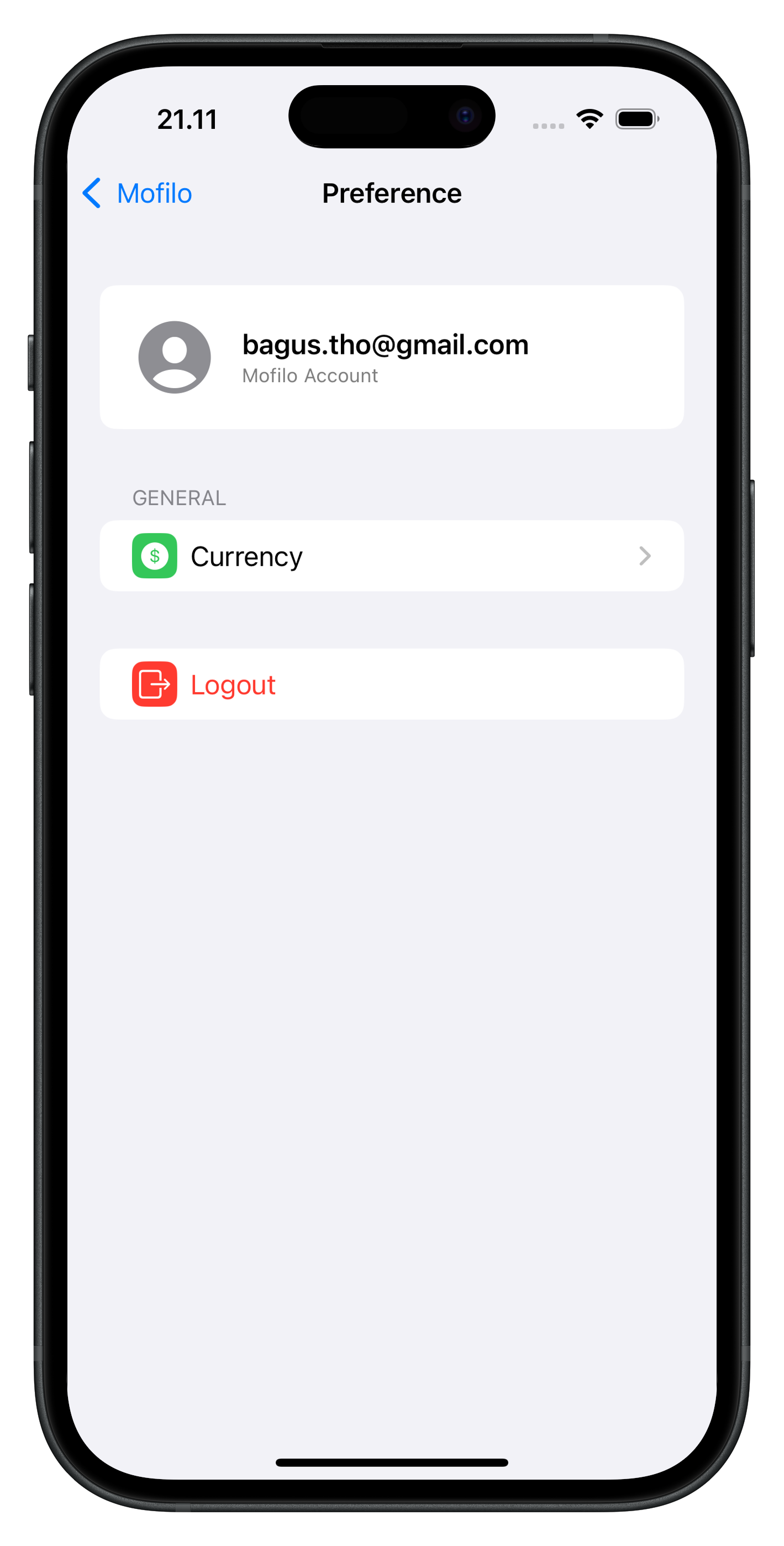 Mofilo App Preferences Page